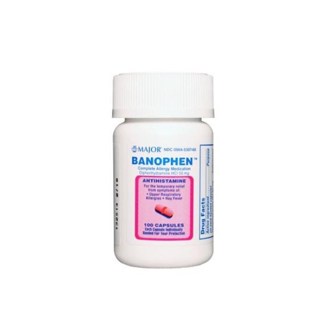 Otc Medications  Banophen Diphenhydramine Hcl Allergy Capsule   50 Mg   100 Capsules Bottle