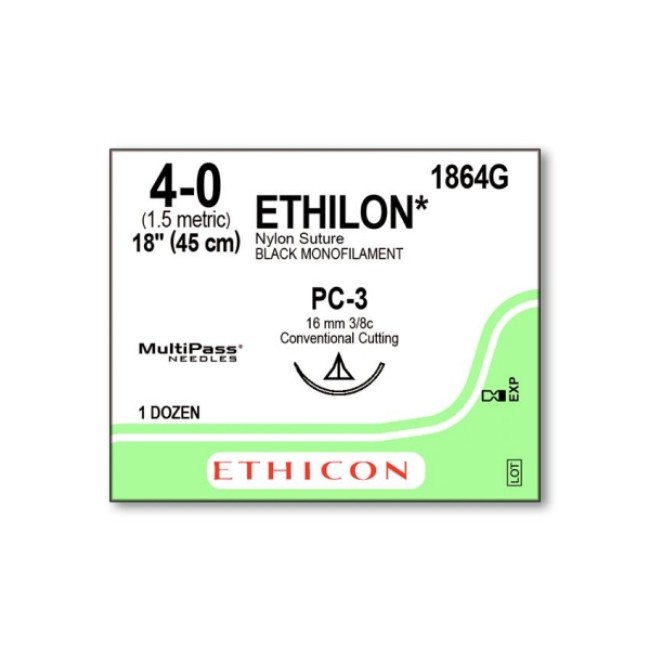 Sutures  Ethicon Monofilament Suture   Black   18   Size 4 0   Pc 3 Needle