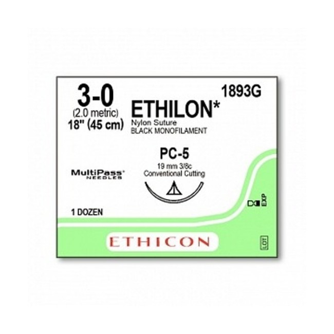 Sutures  Ethicon Monofilament Suture   Black   18   Size 3 0   Pc 5 Needle