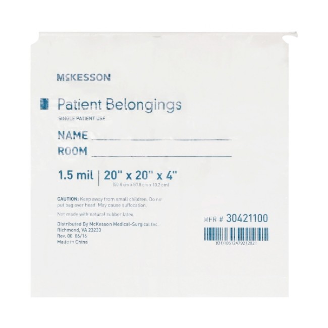 Patient Belongings Bag Mckesson 4 X 20 X 20 Inch Polyethylene Drawstring Closure White