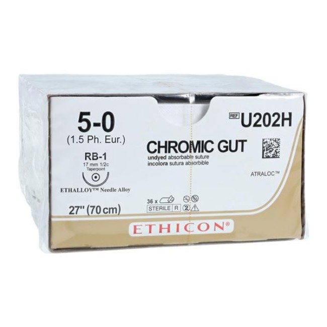 Sutures  Chromic Gut Absorbable Suture  Taper Point  Size 5 0  27  RB 1 Needle