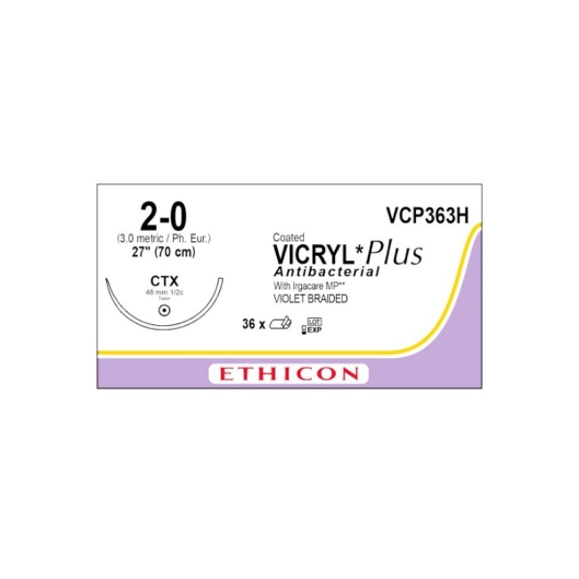 Sutures  Coated Vicryl Plus Antibacterial Suture   Violet Braided   Ctx Needle   Size 2 0   27 