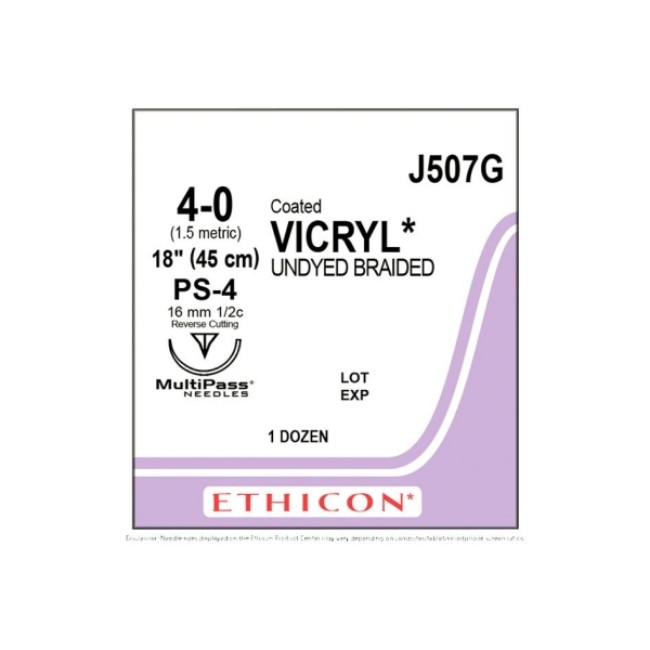 Suture   Coated Vicryl  Undyed Ethicon Coated Vicryl Braided Absorbable Prime Reverse Cutting 1 2C 4 0 Ps 4 18  Suture