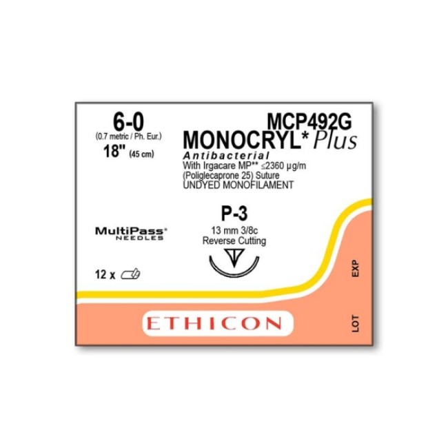 Sutures  Monocryl Plus Suture   P 3   Undyed   Size 6 0   18 