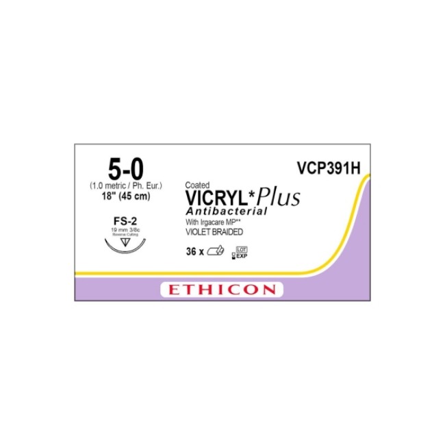 Sutures  Vicryl  Coated Vicryl Plus Antibacterial  Polyglactin 910  Suture  Violet Braided  Size 5 0  18  L