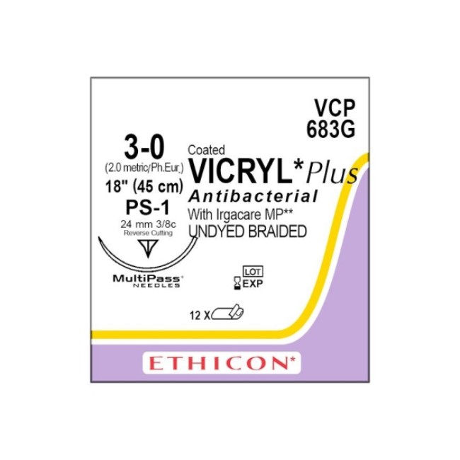 Sutures  Antibacterial Vicryl Plus Coated Suture  Undyed Braided  Size 3 0  18  PS 1 Needle