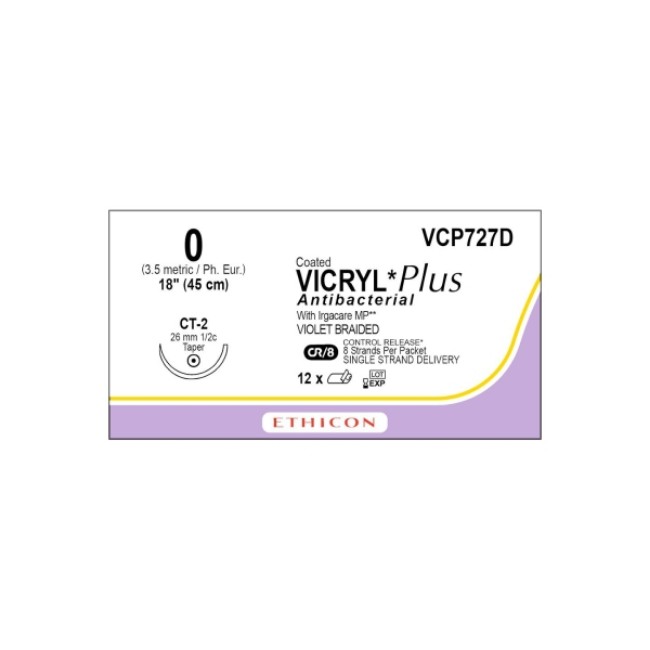 Sutures  Coated Vicryl Plus Antibacterial Suture   Violet Braided   Ct 2 Needle   Size 0   8 X 18 