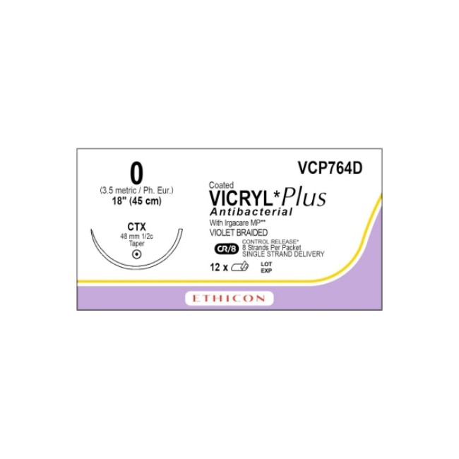 Sutures  Coated Vicryl Plus Antibacterial Suture   Violet Braided   Ctx Needle   Size 0   8 X 18 