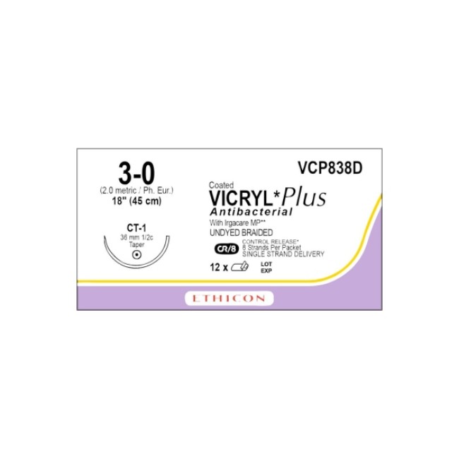 Sutures  Coated Vicryl Plus Antibacterial Control Release Suture   Undyed Braided   Ct 1 Needle   Size 3 0   18 