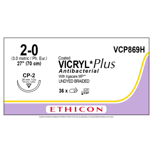 Sutures   Vicryl  Coated Vicryl Plus Antibacterial  Polyglactin 910  Suture   Undyed Braided   Size 2 0   27  L   Needle Name Cp 2