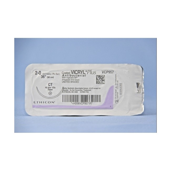 Sutures  Coated Vicryl Plus Antibacterial Suture  Undyed Braided  CT Needle  Size 2 0  36 