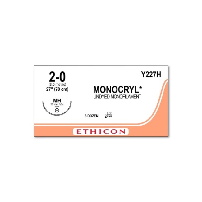 Sutures  Monocryl Suture   Undyed Monofilament   Size 2 0   27   Single Arm   Mh Needle