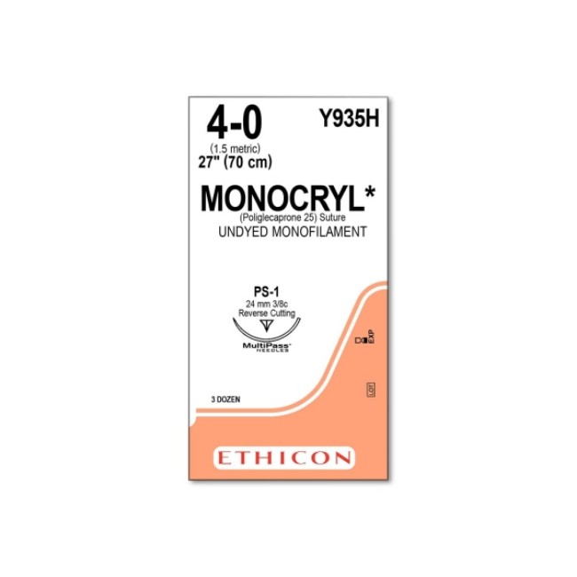 Suture   Monocryl  Undyed Ethicon Monocryl Monofilament Absorbable Prime Reverse Cutting 3 8C 4 0 Ps 1 27  Suture