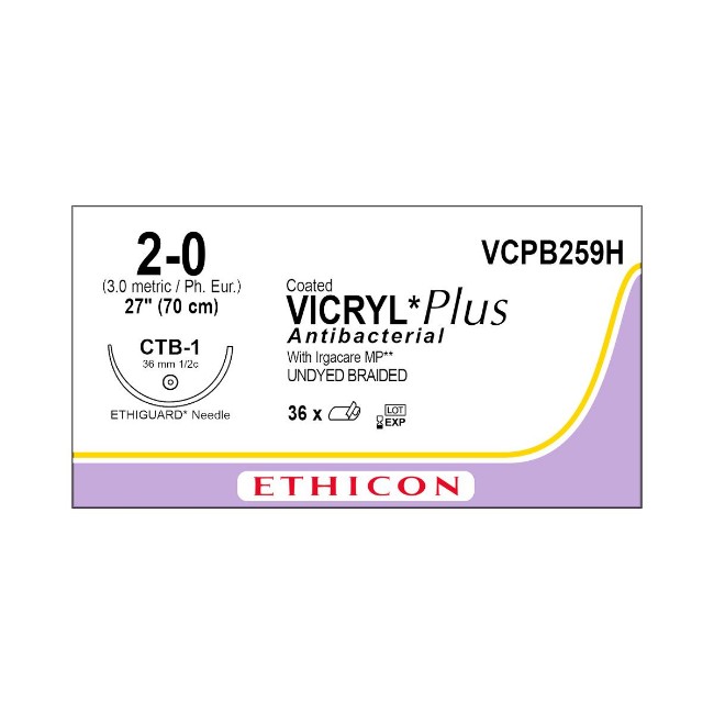 Coated Vicryl Plus Antibacterial Suture  Undyed Braided  SIze 2 0  1  x 27  CTB 1 Needle