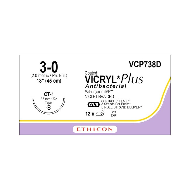 Coated Vicryl Plus Antibacterial Suture  Violet Braided  CT 1 Needle  Size 3 0  18 