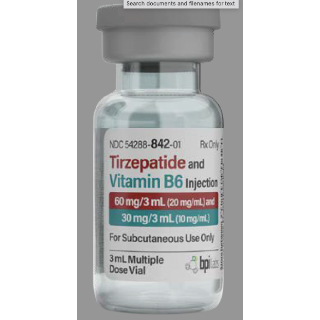 Tirzepatide 20mg mL   B6 10mg mL Injection  3mL Vial    60mg Tirzepatide