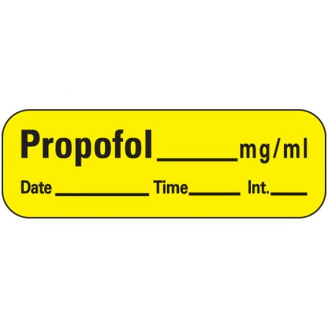 LABEL ANESTHESIA PAPER 1 1 2IN X 1 2IN PROPOFOL MG ML DATE TIME INITIAL PRINTED PERMANENT ADHESIVE NONSTERILE YELLOW