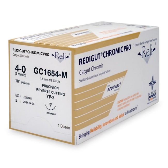 SUTURE ABSORBABLE REDIGUT RELI PRO CHROMIC GUT SIZE 4 0 18IN YP 3 NEEDLE STERILE NATURAL