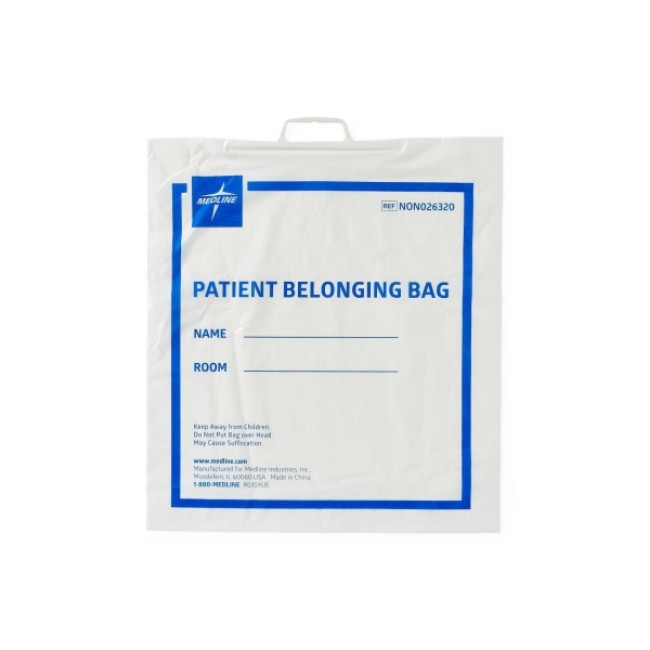 Patient Bags  Plastic Patient Belongings Bag With Rigid Handle   Printed   White   18  X 20  X 4 