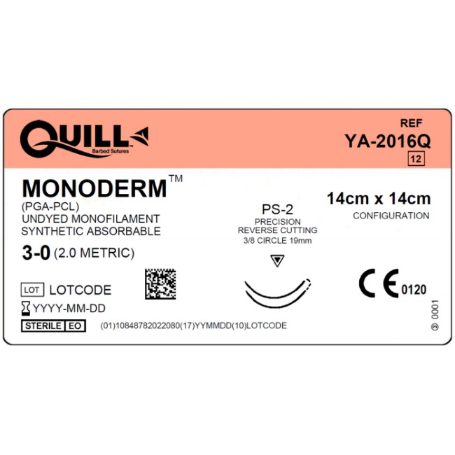 Monoderm Bidirectional Undyed Absorbable Suture With 19 Mm 3 8 Circle Fine Reverse Cutting Ps 2 Needle   14 X 14 Cm Long   Size 3 0