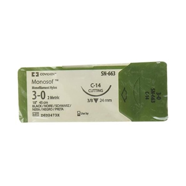 Sutures  Monosof Suture   Black   Size 3 0   18   C 14 Needle   01L