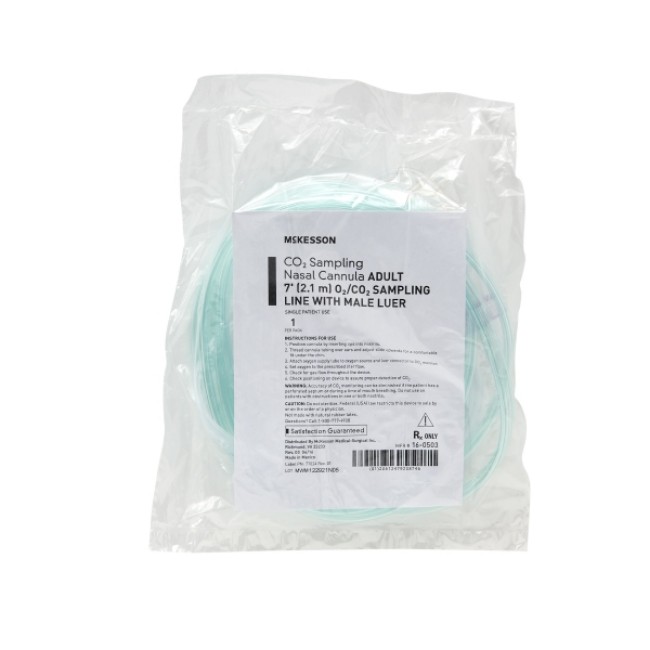 Etco2 Nasal Sampling Cannula With O2 Delivery Mckesson Adult Curved Prong   Nonflared Tip 7 Foot O2 Line