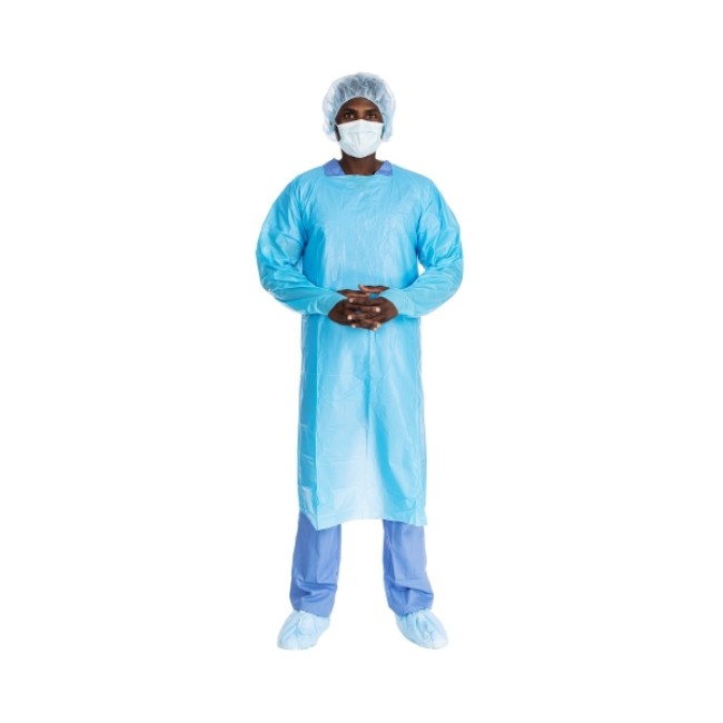 Isolation Gowns  Impervious Plastic Film Gown With Half Back And Thumb Loops   Blue   Universal