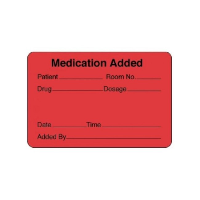 Labels   Medication Added  Label   3  X 2   Fluorescent Red   500 Roll