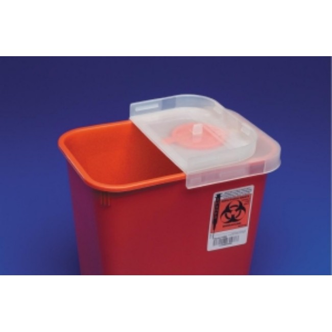 Multipurpose Sharps Container With Rotor And Hinged Opening Lid   Transparent Red   3 Gal 