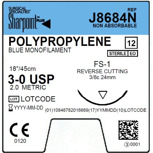 Polypropylene Monofilament Suture   Blue   Size 3 0   18 45 Cm   Ds 24 Needle