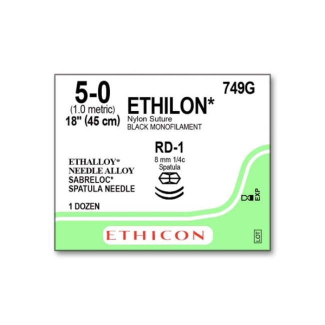 Sutures  Ethilon Nylon Suture   Black Monofilament   Size 5 0   18   Double Arm Spatula Needle   Rd 1