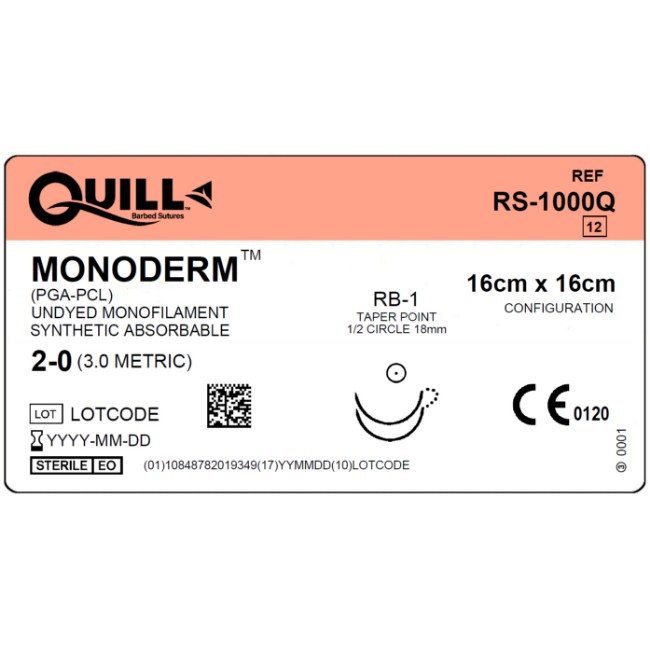 Quill Barbed Suture   Monoderm   2 0   Undyed  16X 16Cm   Rb 1   Taper Point   1 2 Circle   18Mm   Bi Directional   Double Arm