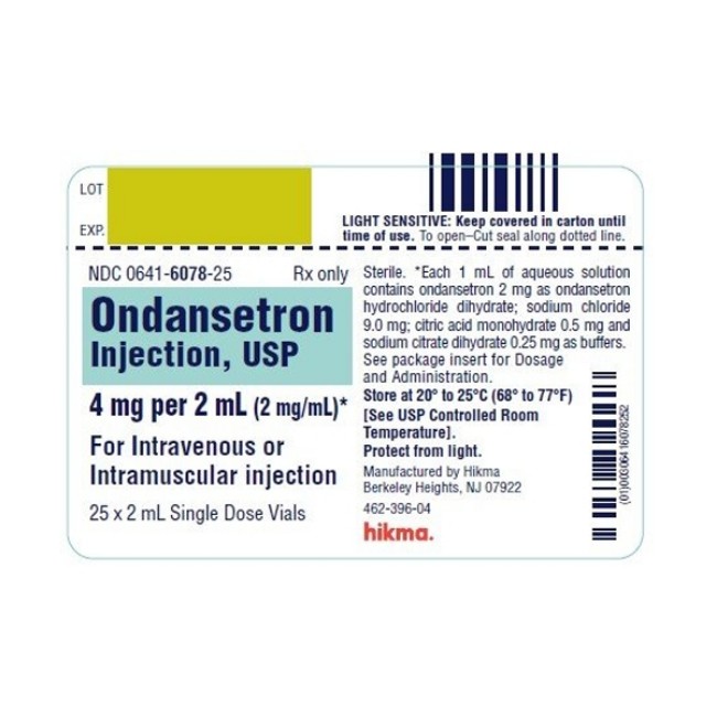 Injections  Ondansetron Injection  USP  Single Dose Vial  2 mg mL  25 x 2 mL