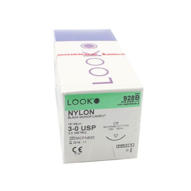 Sutures  Black Nylon Monofilament Suture   Size 3 0   18   C6 Needle