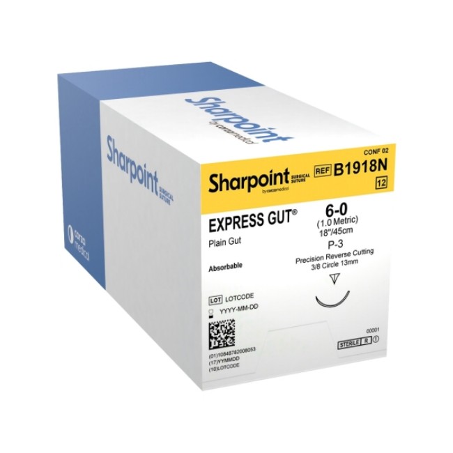 Sutures  Sharpoint Plus Express Gut Plain   6 0   18 45 Cm   P 3   3 8  Circle Precision Reverse Cutting   13 Mm