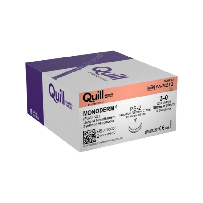 Quill Barbed Suture   Monoderm   3 0   Undyed   30X30cm   Ps 2   Precision Reverse Cutting   3 8 Circle   19Mm   Bi Directional   Double Arm