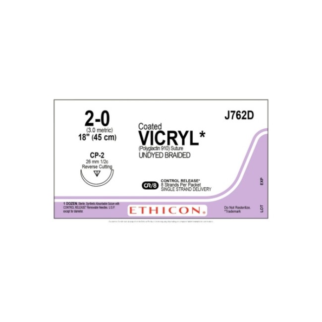 Sutures  Coated Vicryl Absorbable Suture   Undyed Braided   Cp 2 Needle   Size 2 0   8 X 18 