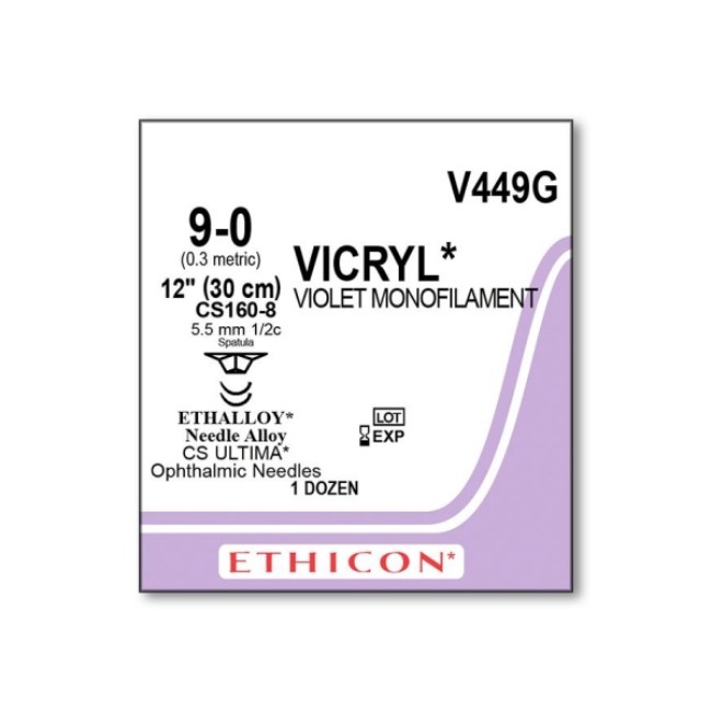 Sutures  Vicryl Absorbable Suture   Violet Monofilament   Cs160 8 Needle   Size 9 0   12 