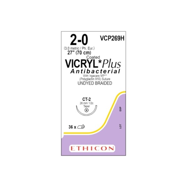 Sutures  Coated Vicryl Plus Antibacterial Suture   Undyed Braided   Ct 2 Needle   Size 2 0   27 