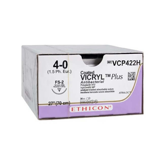 Sutures   Vicryl  Coated Vicryl Plus Antibacterial  Polyglactin 910  Suture   Undyed Braided   Size 4 0   27  L   Needle Name Fs 2