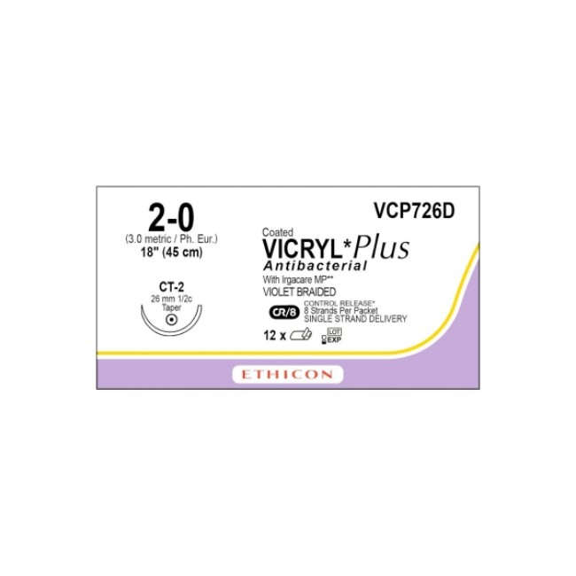 Sutures  Coated Vicryl Plus Antibacterial Suture   Violet Braided   Ct 2 Needle   Size 2 0   8 X 18 