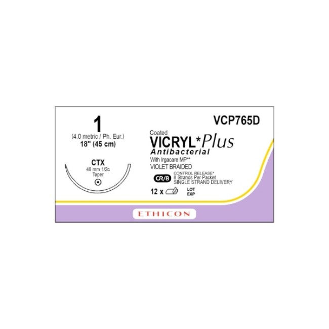 Sutures  Coated Vicryl Plus Antibacterial Suture   Violet Braided   Ctx Needle   Size 1   8 X 18 